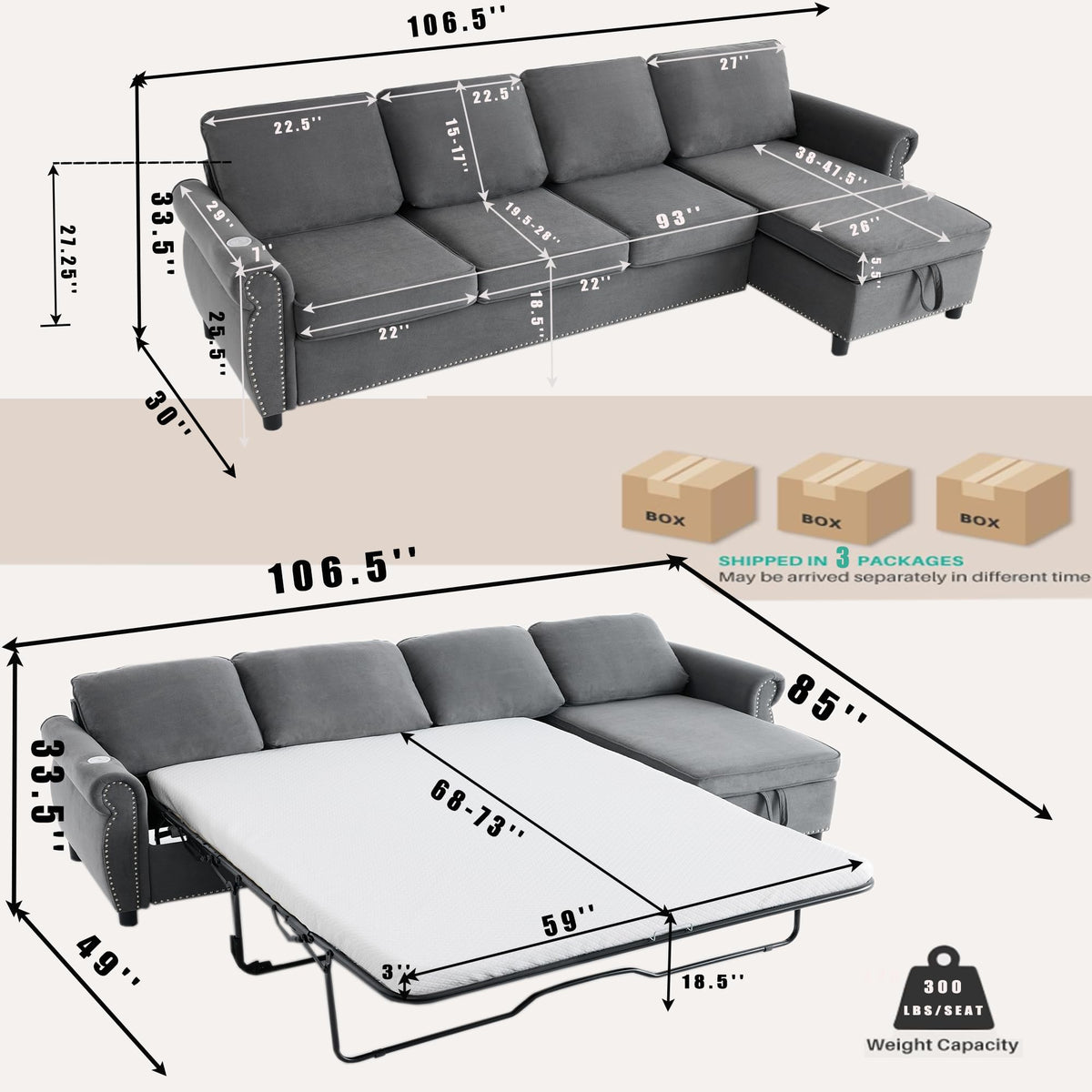 106.5" Convertible Sleeper Sofa Bed with Pull Out Couch, Dark Grey L Shaped Couch with Storage Chaise & Memory Mattress, Modular Sectional Couches with Wireless Charging & USB for Living Room