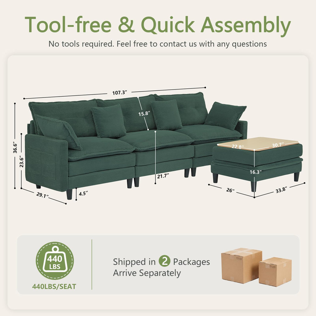 107.3'' Oversized Cloud Couch L Shaped Modular Sectional Sofa, Premier Comfy Corduroy Couch with Ottoman, Modern 3 Deep Seat Sectional Couches for Living Room, Solid Wood Frame&Spring,Tool-Free Green