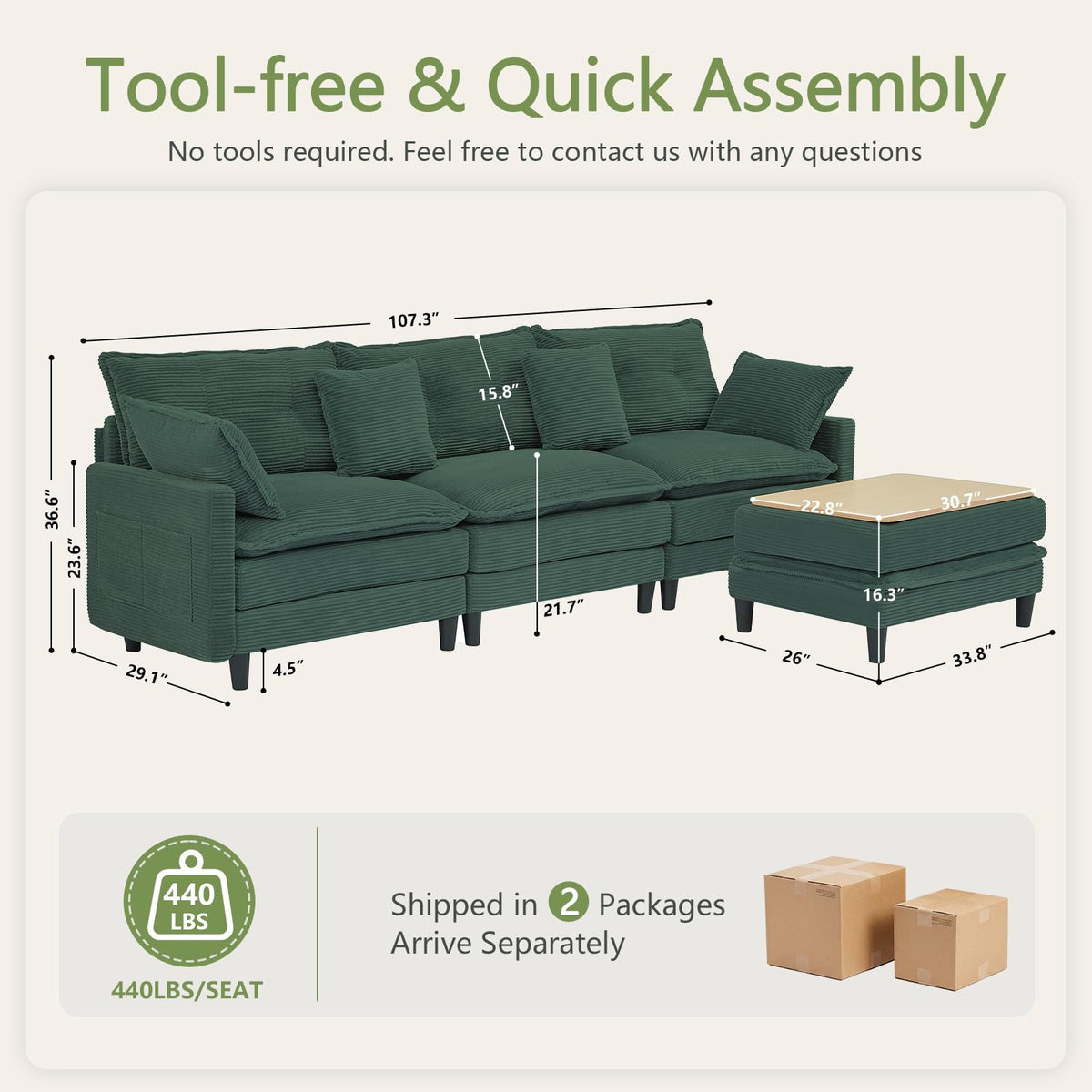 107.3'' Oversized Cloud Couch L Shaped Modular Sectional Sofa, Premier Comfy Corduroy Couch with Ottoman, Modern 3 Deep Seat Sectional Couches for Living Room, Solid Wood Frame&Spring,Tool-Free Green