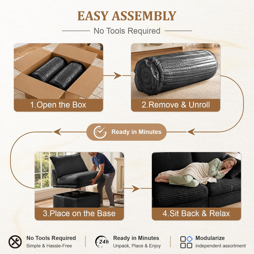 Upgraded Boneless Couch with Storage, 107" Modular Sectional Sofa Couches for Living Room, Extra Deep&High 3 Seater U-Shaped Boneless Sofa with Ottoman, Tool-Free Assembly, Black