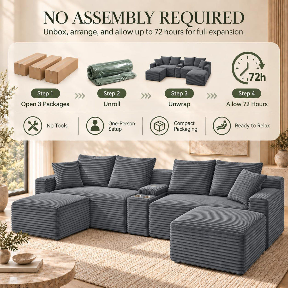127" Cloud Modular Sectional Sofa, U Shaped Boneless Couch,Grey