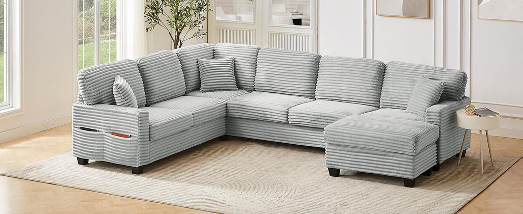 Tidyard Sectional Sofa U-Shaped 125.? L-Shaped Couch with Movable Ottoman & Side Storage Pockets, Grey Corduroy Upholstered Living Room Sofa