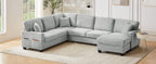 Tidyard Sectional Sofa U-Shaped 125.? L-Shaped Couch with Movable Ottoman & Side Storage Pockets, Grey Corduroy Upholstered Living Room Sofa