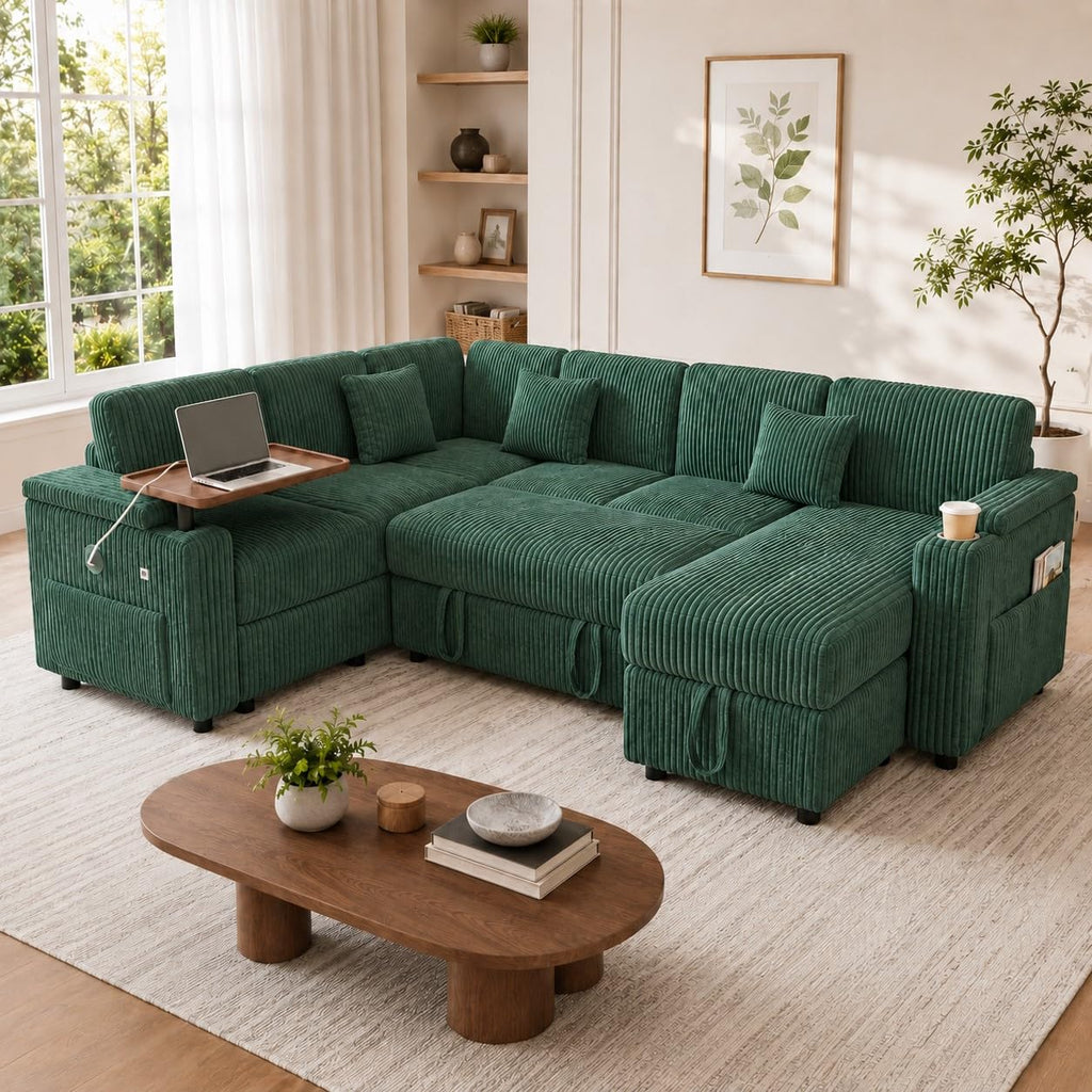 100" U Shaped Modular Sectional Couch with USB Ports, Cup Holders & Folding Table, Corduroy Fabric Sofa with Storage Seat, Comfortable Living Room Couch (Dark Gray)