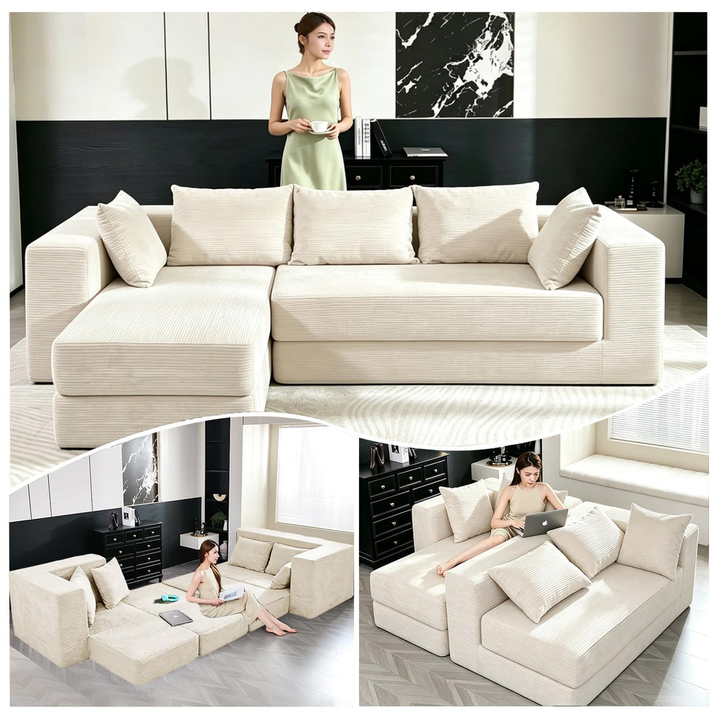 108" Boneless Sectional Chaise Couch, 17.5" Seat Height,Black Grey