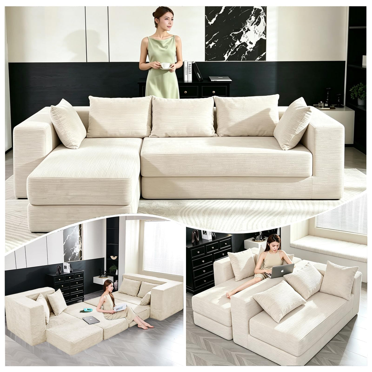 108" Boneless Sectional Chaise Couch, 17.5" Seat Height,Black Grey