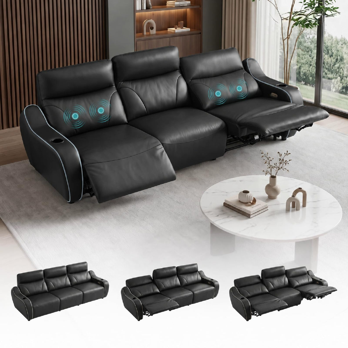 105"Genuine Leather Power Recliner Sofa with Massage, 3-Seater Zero Gravity Reclining Couch with USB Type-C Charging Ports, Cup Holders, LED Lights, Zero Wall Hugger Sofa for Living Room,Black