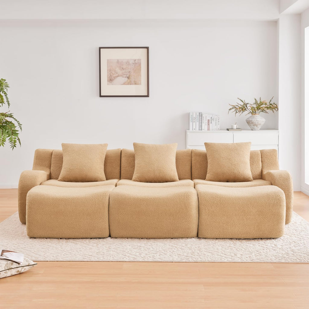 Three-Seat Boneless Sofa Teddy Fabric, No Assembly Required, Ergonomic Design, Camel