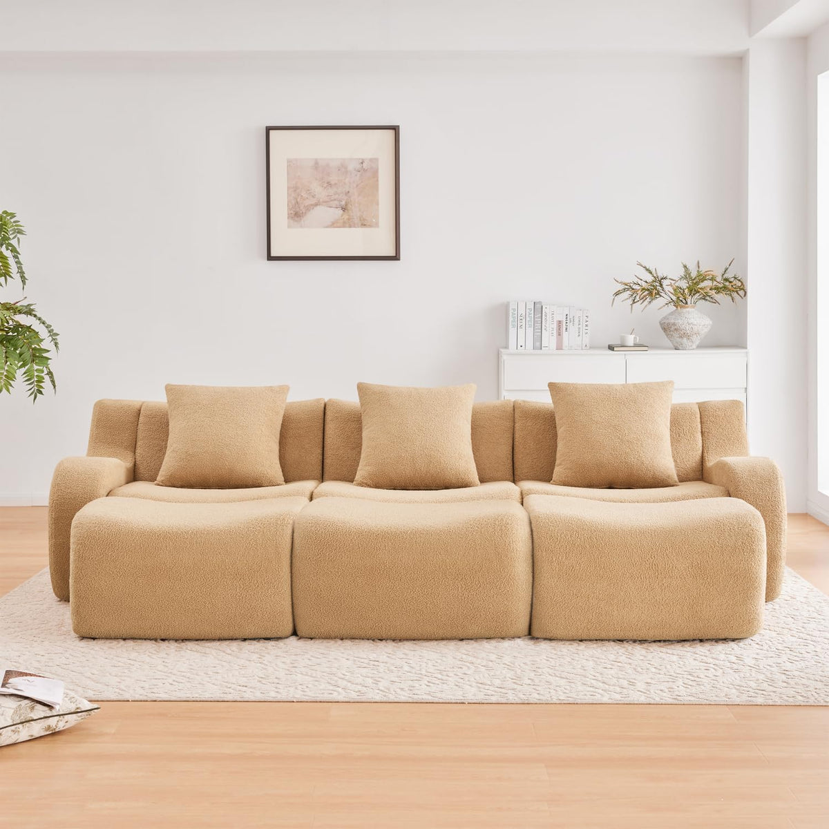 Three-Seat Boneless Sofa Teddy Fabric, No Assembly Required, Ergonomic Design, Camel