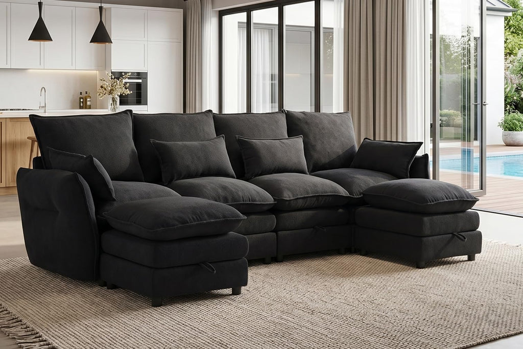 114" Modular Sectional Sofa, Sectional Couches for Living Room, U Shaped Cloud Couch with Storage, Waterproof, Wide and Deep Seat, 6 Seats 2 Ottomans (Black)