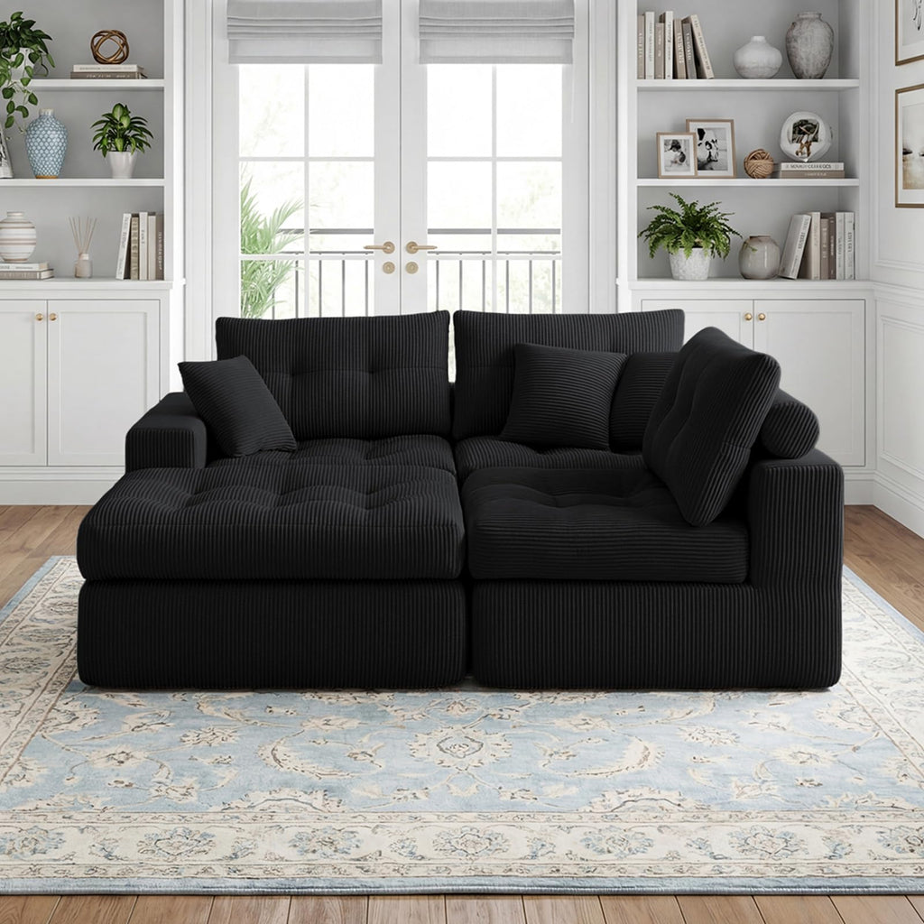 113" Oversized L-Shaped Modular Cloud Sofa Corduroy Upholstered Tufted Boneless Sectional with Deep Seat & Headrests, 4 PCS Compressed Boneless Couches with Movable Ottoman