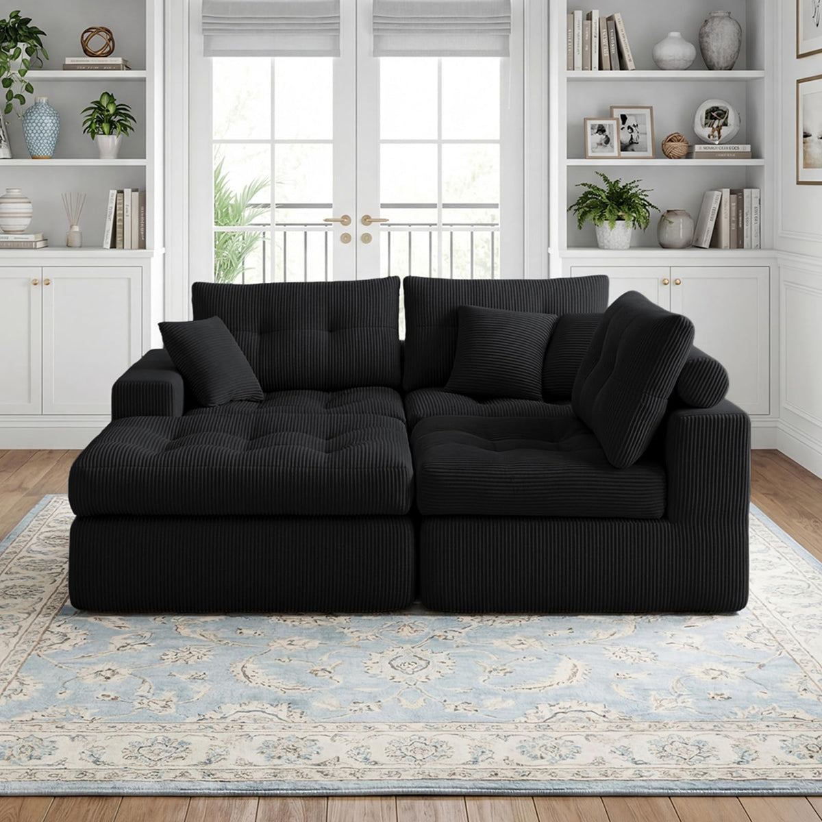 113" Oversized L-Shaped Modular Cloud Sofa Corduroy Upholstered Tufted Boneless Sectional with Deep Seat & Headrests, 4 PCS Compressed Boneless Couches with Movable Ottoman
