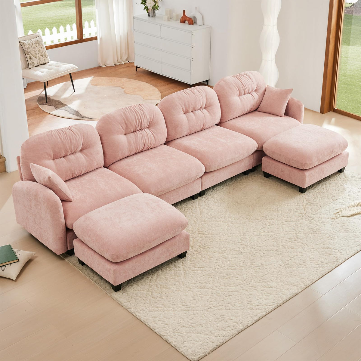 107" L Shaped Couch, Chenille Upholstered Modular Sectional Sofa, 3 Seater Deep Seat Sofa with Movable Ottoman, Modern Cloud Couch with Thick Seat Cushion, Sectional Couches for Living Room, Pink