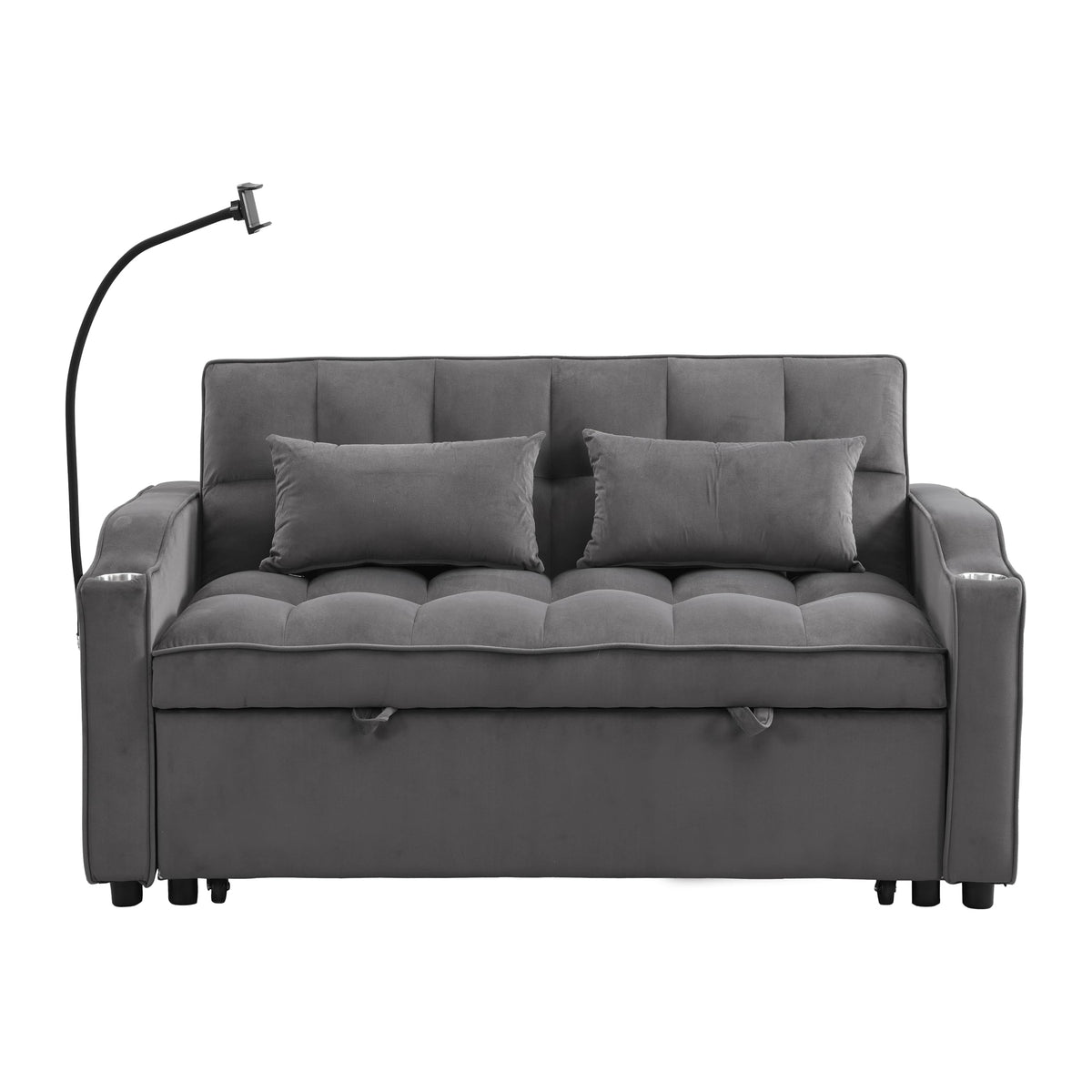 Tidyard Sofa Bed with Trundle, Dark Grey, Convertible Sleeper Couch with USB Ports & Phone Holder, 3-Position Reclining, Includes 2 Pillows, Easy Assembly