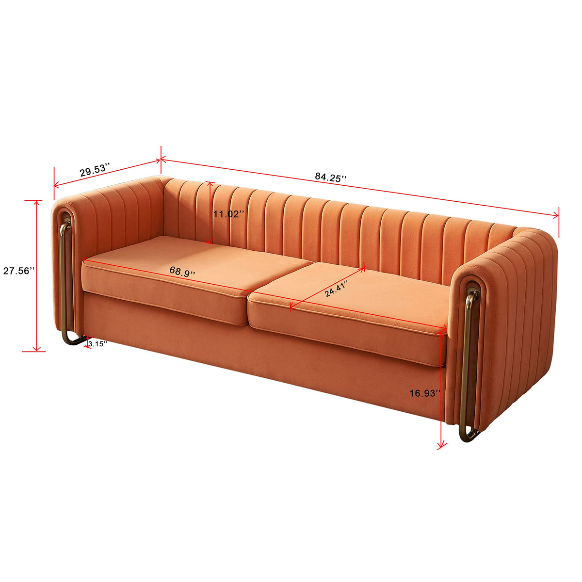 Velvet Couch, 84" Wide Mid-Century Modern Sofa Tufted Upholstered Loveseats Sofa with Golden Leg, 3 Seat Sofa Big Comfy Couch Sofas for Living Room Bedroom, Office (Orange)