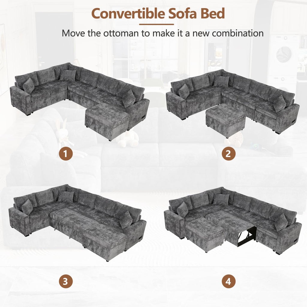 112.2" Sectional Sofa Pull-Out Bed Sleeper with Storage Ottoman Grey Chenille Living Room Cozy