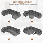 112.2" Sectional Sofa Pull-Out Bed Sleeper with Storage Ottoman Grey Chenille Living Room Cozy