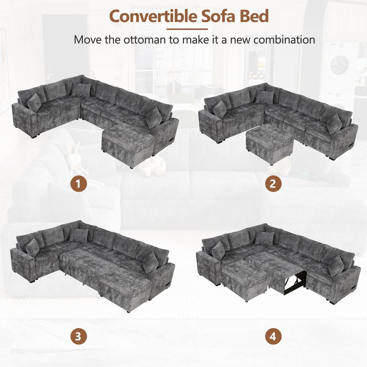112.2" Sectional Sofa Pull-Out Bed Sleeper with Storage Ottoman Grey Chenille Living Room Cozy