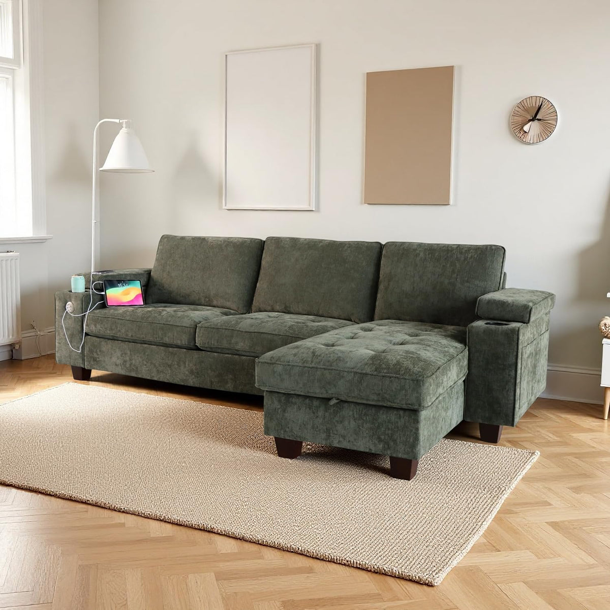 100" L Shaped Sectional Sofa with Hidden Armrest Storage, USB & Type-C Charging Ports, 4-Position Adjustable Armrests, Built-in Cup Holders, Upholstered Couch for Living Room, Brown