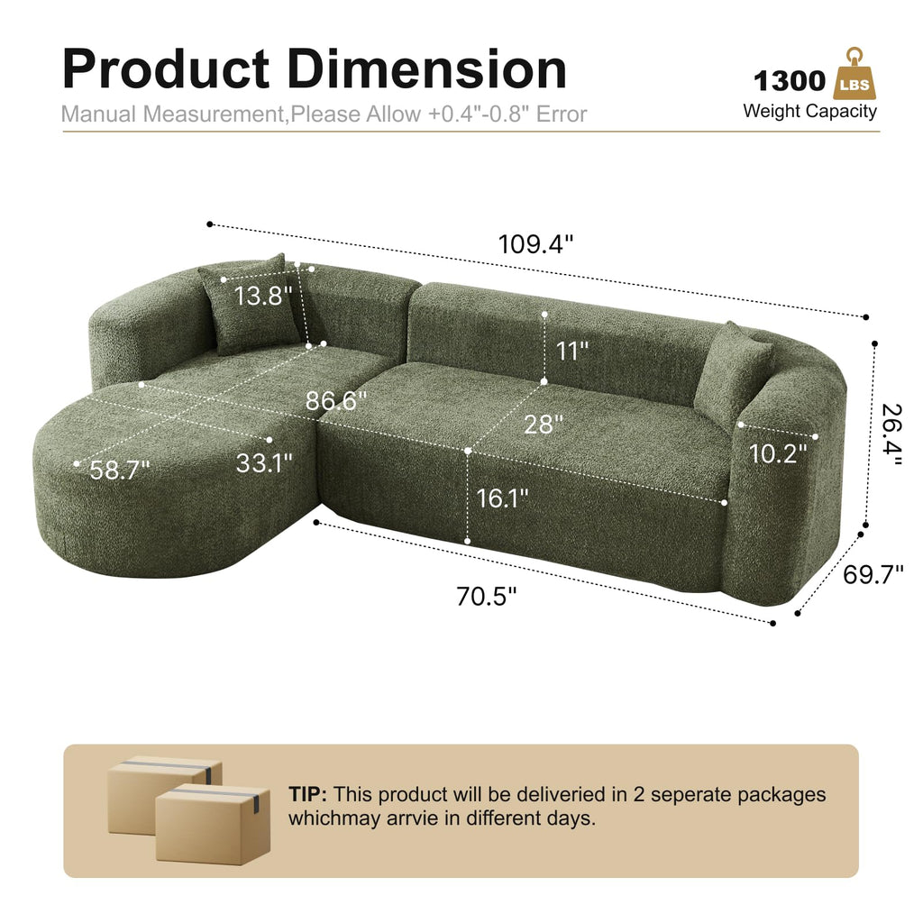 109.4" Oversized Boneless Sectional Couch with L-Shaped Chaise,Green Left