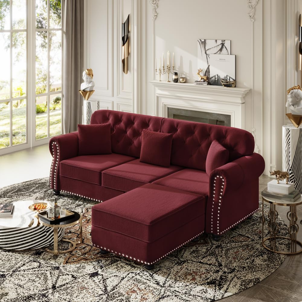 ZOEDO Upholstered Velvet Sofa with Nailhead Trim and Rolled Armrests,Mid-Century Modern Chesterfield Sofa with Button Tufted,Includes 1 Ottoman,Burgundy