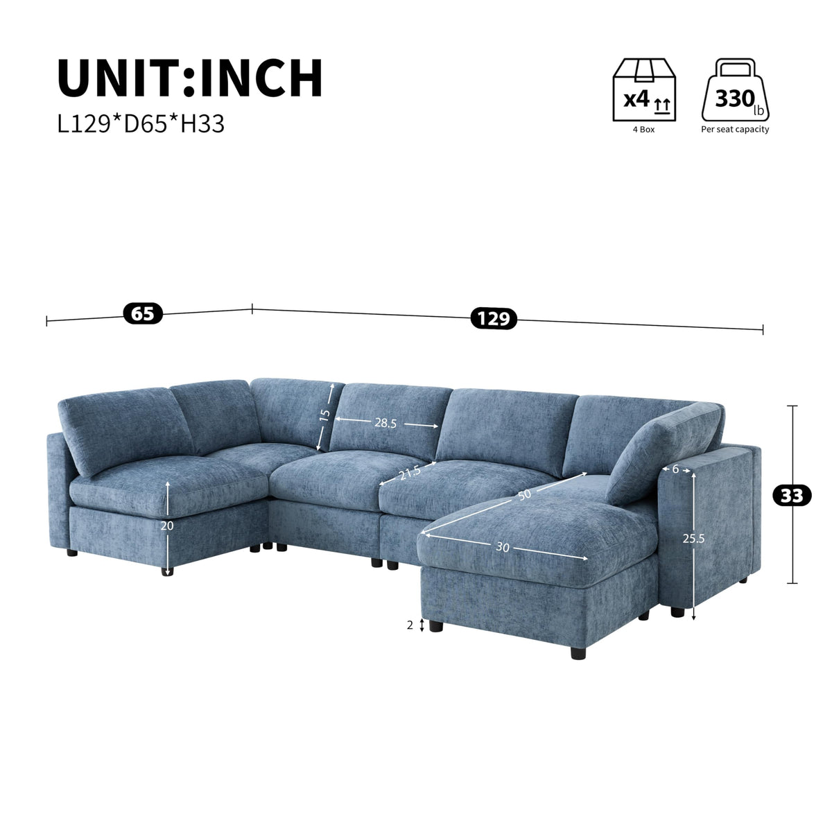 129" Modular Sectional Sofa, 6 Seat Cloud Sofa Bed with High Density Foam, U-Shaped Chenille Couch Set with Ottoman, Free Combination, Convertible Sleeper Sofa for Living Room, Apartment, Blue
