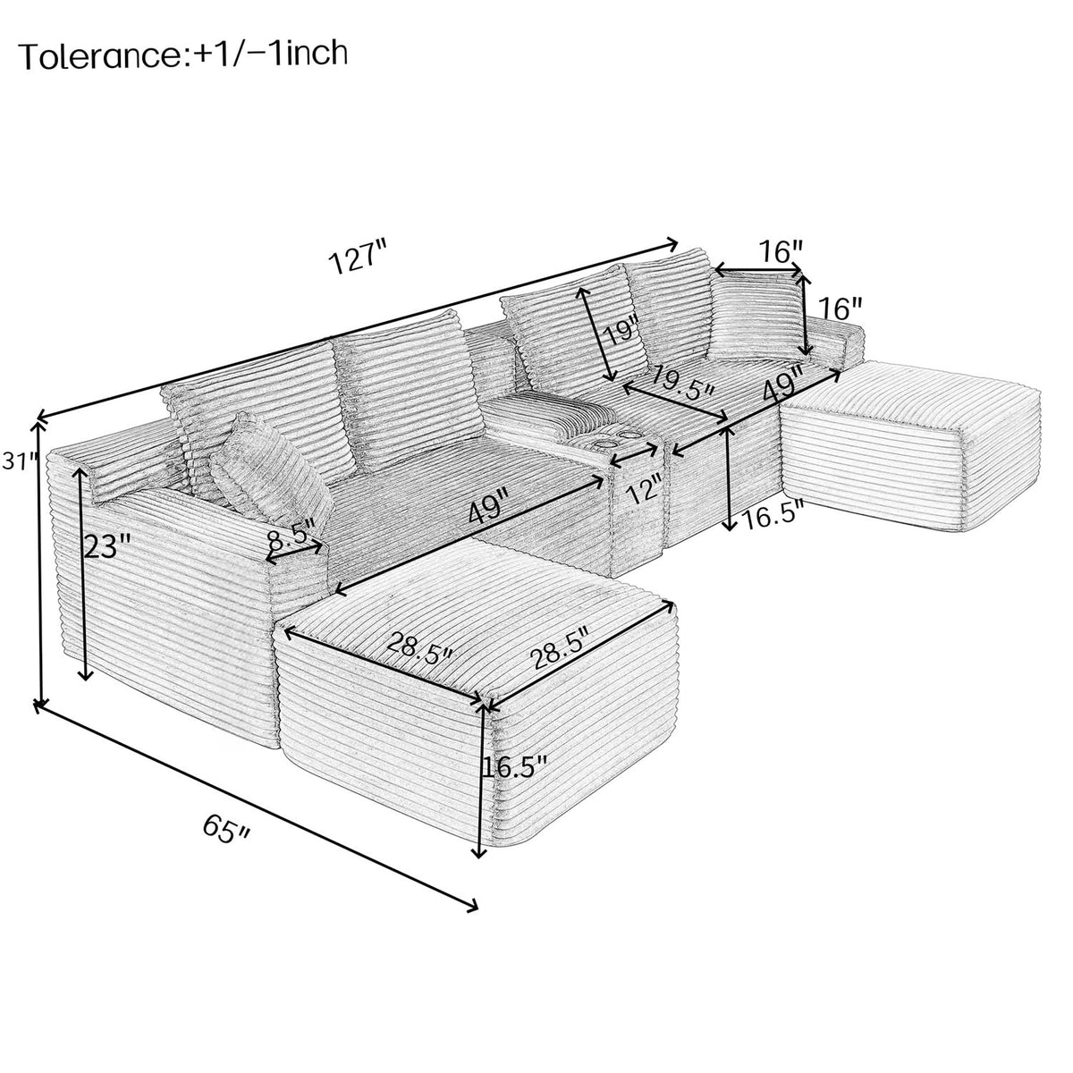 127" U-Shaped Cloud Sectional Modular Boneless Couch with Console，Black