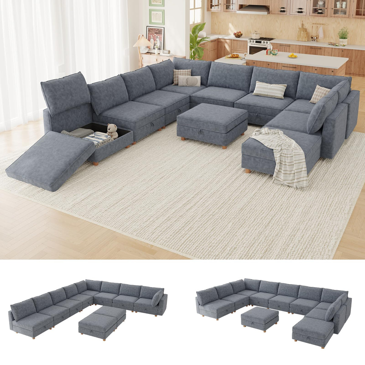 127'' Modular Sectional Sofa,FSC Certified 6 Seater Sectional Sofa,Chenille Couch with Removable Washable Covers,Modern Couch with Ottoman,U Shaped Couch with Storage,Beige Couches for Living Room