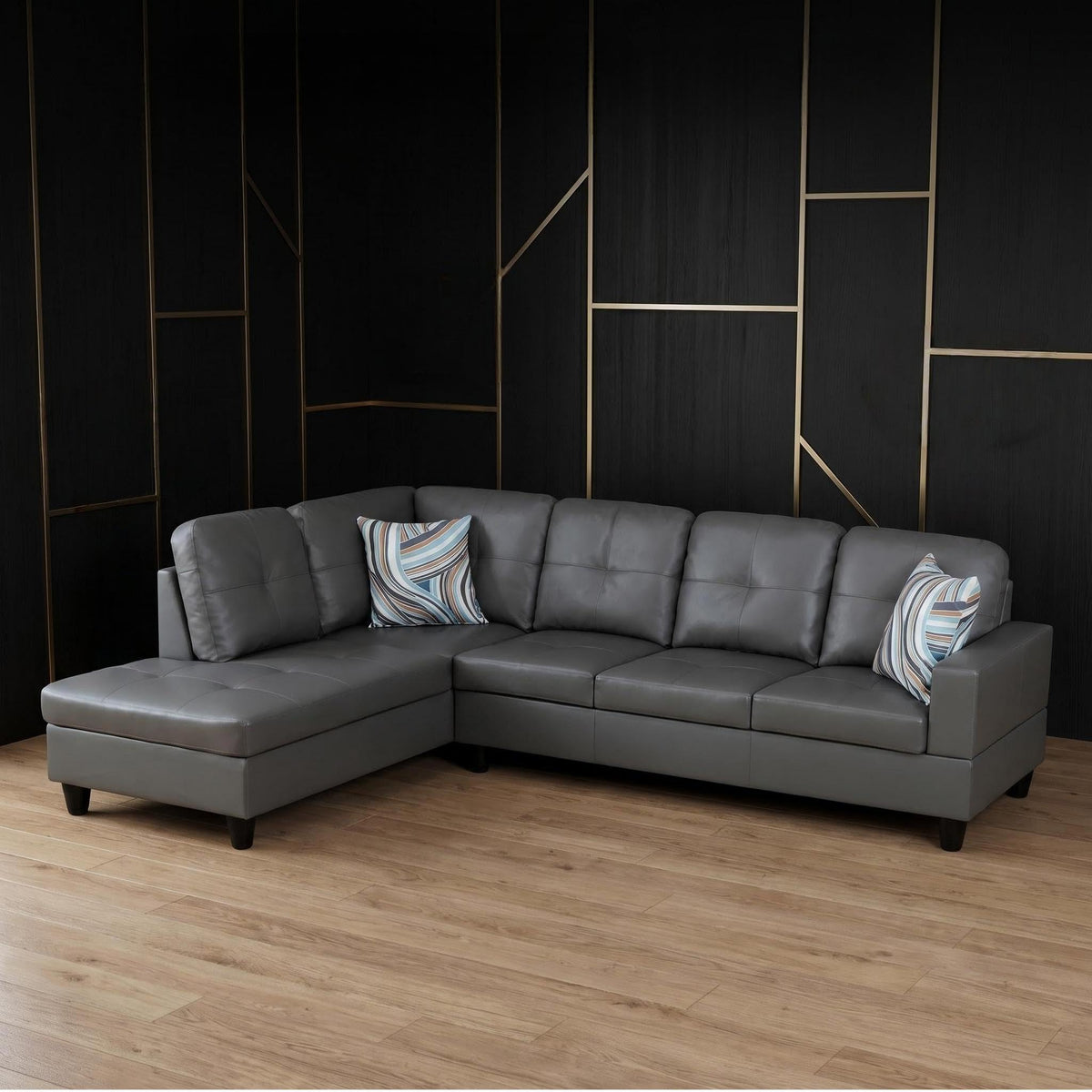 103.5" Sectional Couch with Movable Ottoman, L Shaped 4 Seater PU Faux Leather Sofa w/Chaise Lounge, Comfy Modern Modular Couch for Living Room, Apartment, White Stripes, Right, 3PCS