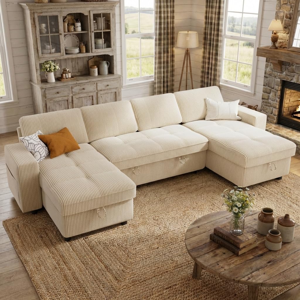WEUP 105" Sectional Sofa with Pull Out Bed, U Shaped 4 Seat Sleeper Sofa with 2 Storages, Adjustable Backrest, USB Ports, Tool-Free Assembly, Plush Corduroy Sectional Couches for Living Room, Beige