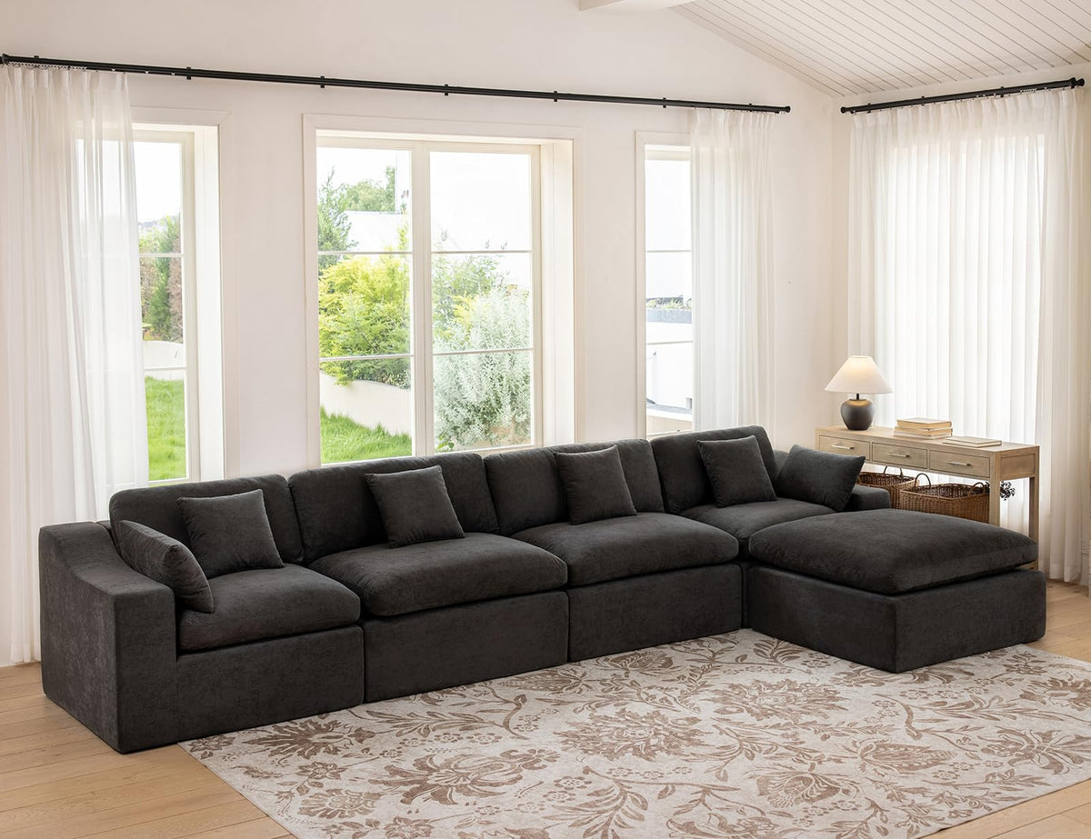 120" Cloud Sectional Couches -Oversized Modern Modular Sofa with Curved Handrail, Convertible L-Shape Couch with Ottoman,4 Chenille Seater Modular Sectional Sofa for Living Room,White