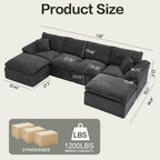 130" Oversized Boneless Sofa, Movable Ottoman, Chenille, No Assembly, Black