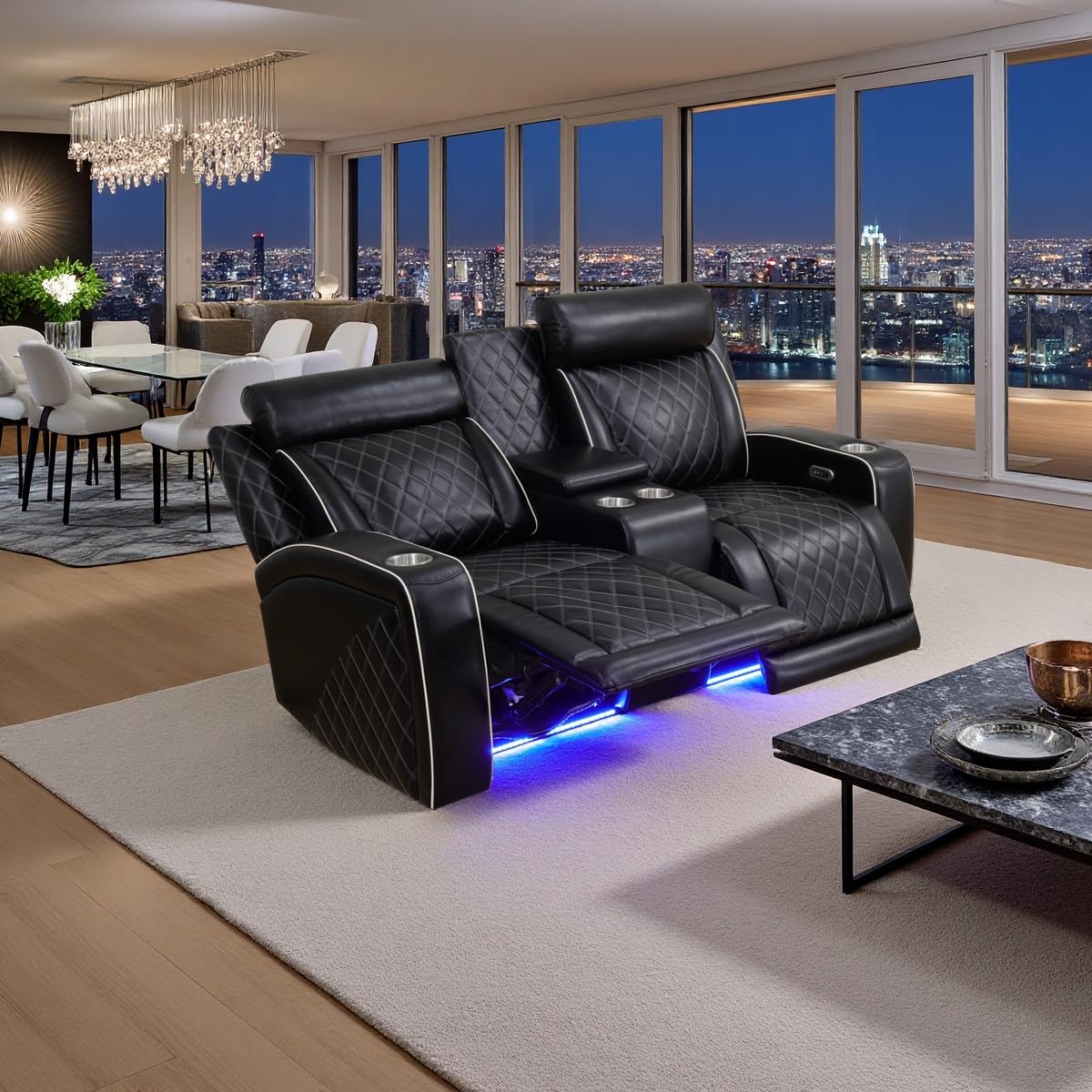 A Ainehome Power Leather Recliner Sofa Set with LED Lights, Recliner Sofa Sectional Couches for Living Room, Reclining Sofa, loveseat, Chair with USB Port/Storage Console/Cup Holder(black,3-piece set)