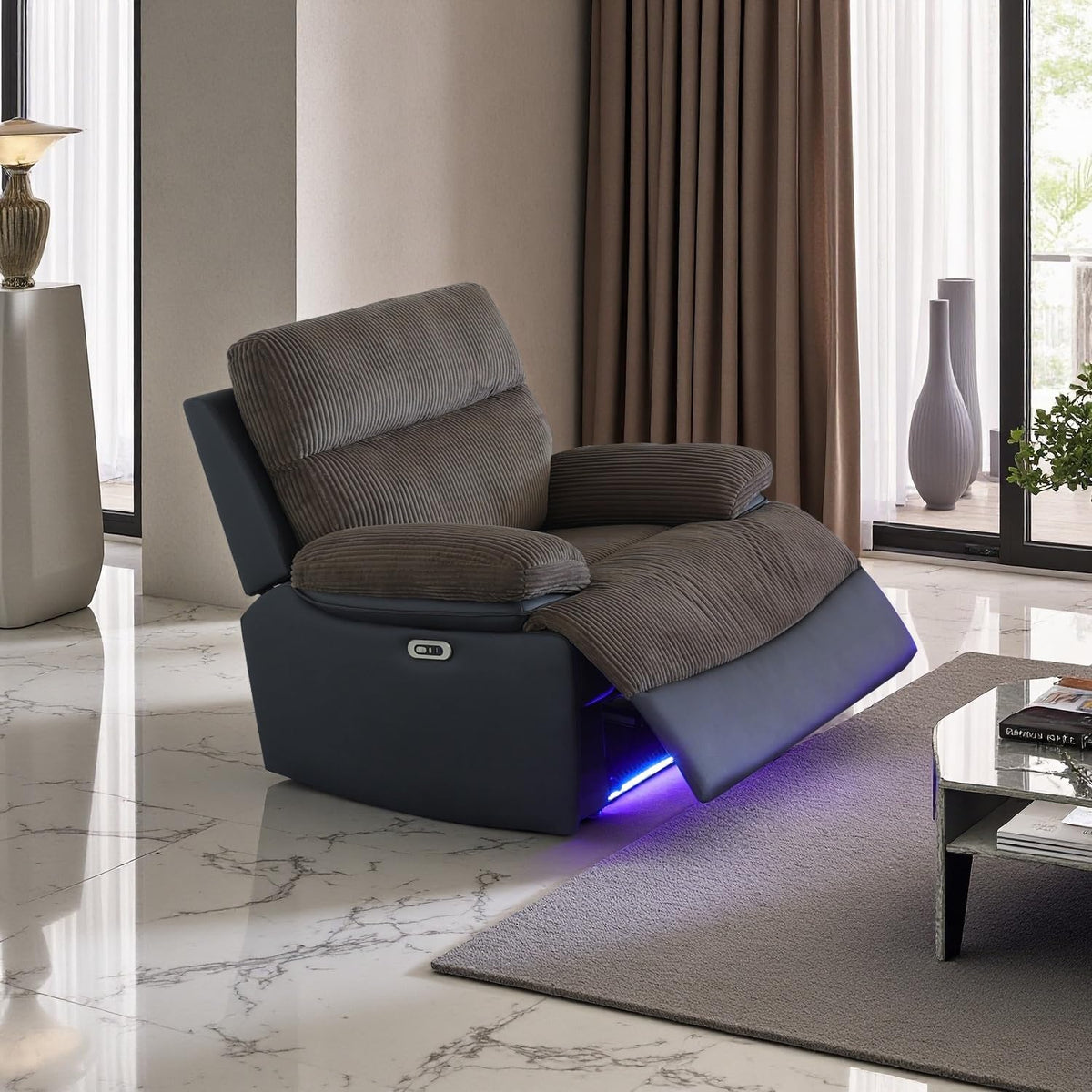 A Ainehome Power Leather Recliner Sofa Set with LED Lights, Recliner Sofa Sectional Couches for Living Room, Reclining Sofa, loveseat, Chair with USB Port/Storage Console/Cup Holder(black,3-piece set)