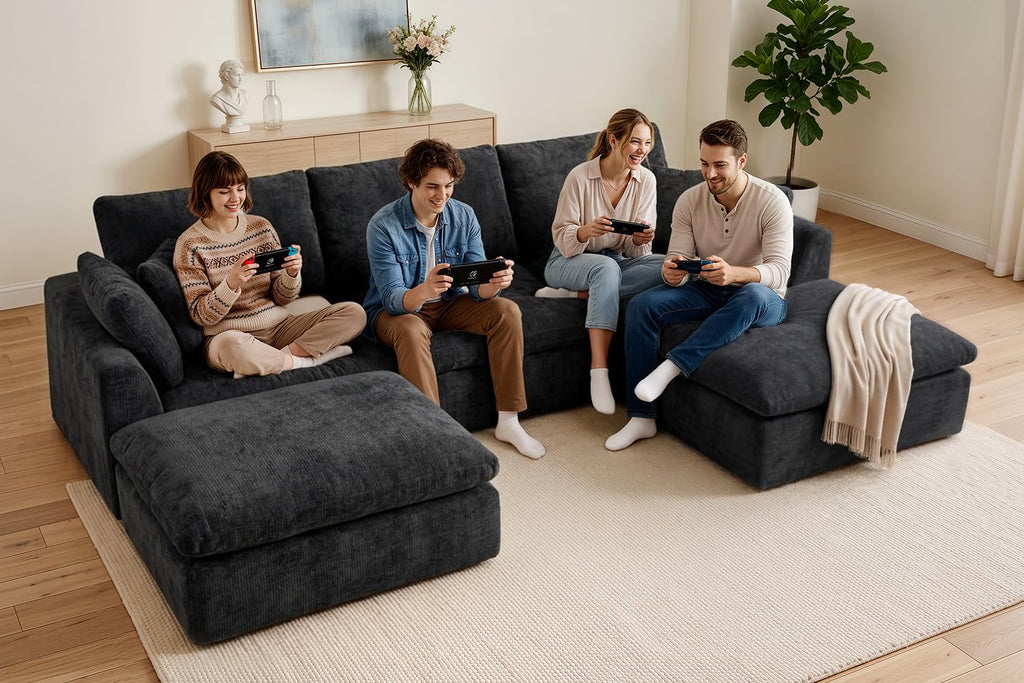 127" Cloud Sofa, U-Shape 3-Seater Modular Couch with 2 Ottomans, Black