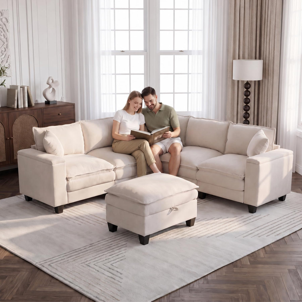 V Shaped Modular Sectional Couch with Storage Ottoman, Beige