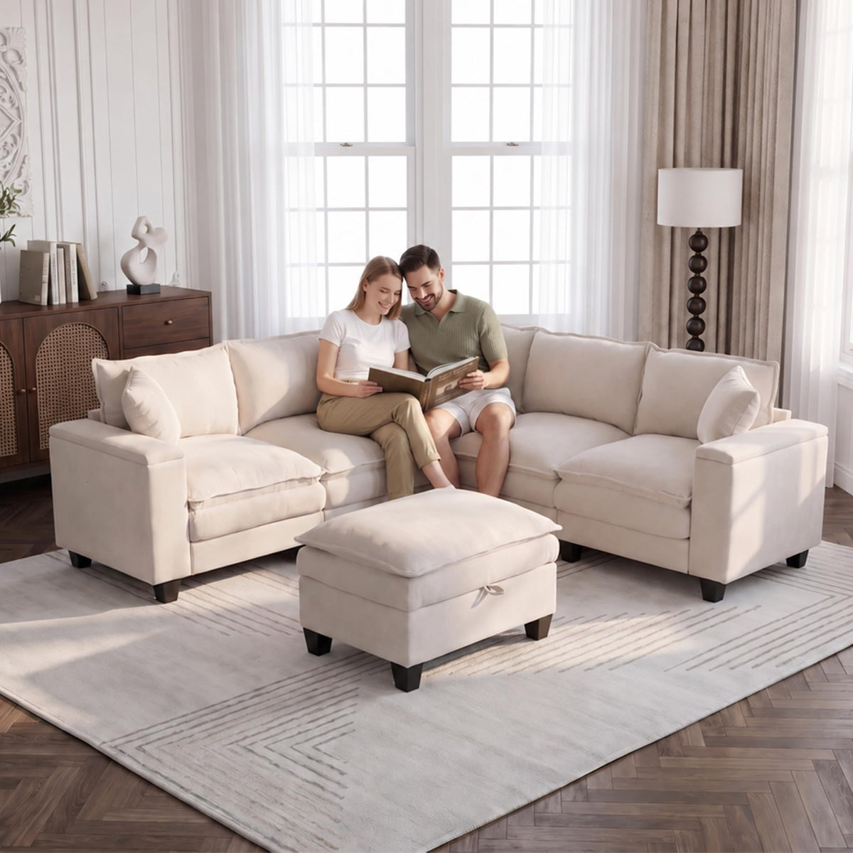 V Shaped Modular Sectional Couch with Storage Ottoman, Beige