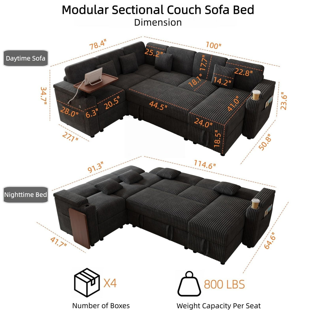 100" Modular Sectional Sofa with Storage, Cloud Couch Pull Out Bed