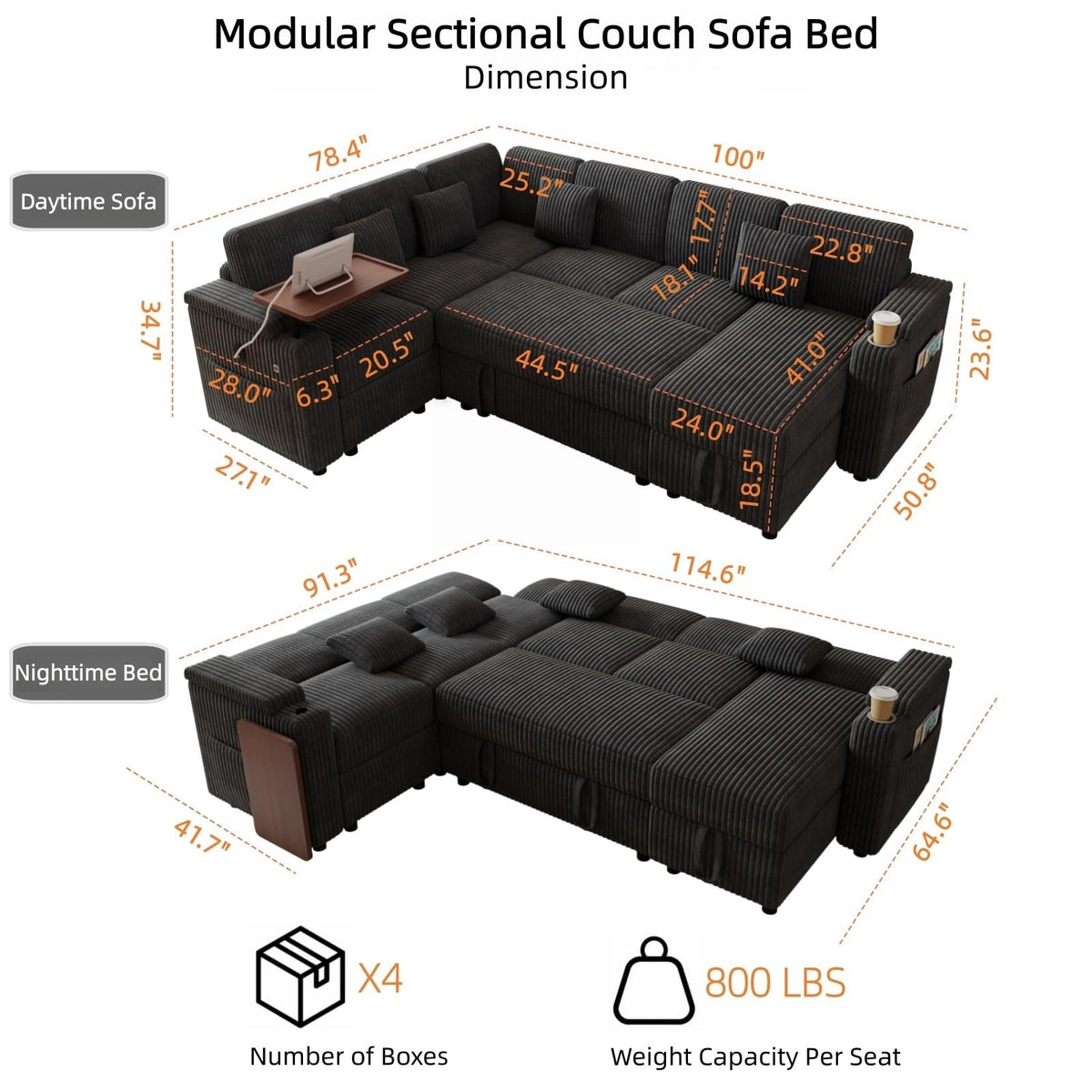 100" Modular Sectional Sofa with Storage, Cloud Couch Pull Out Bed