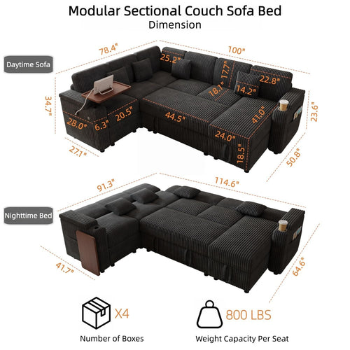 100" Modular Sectional Sofa with Storage, Cloud Couch Pull Out Bed