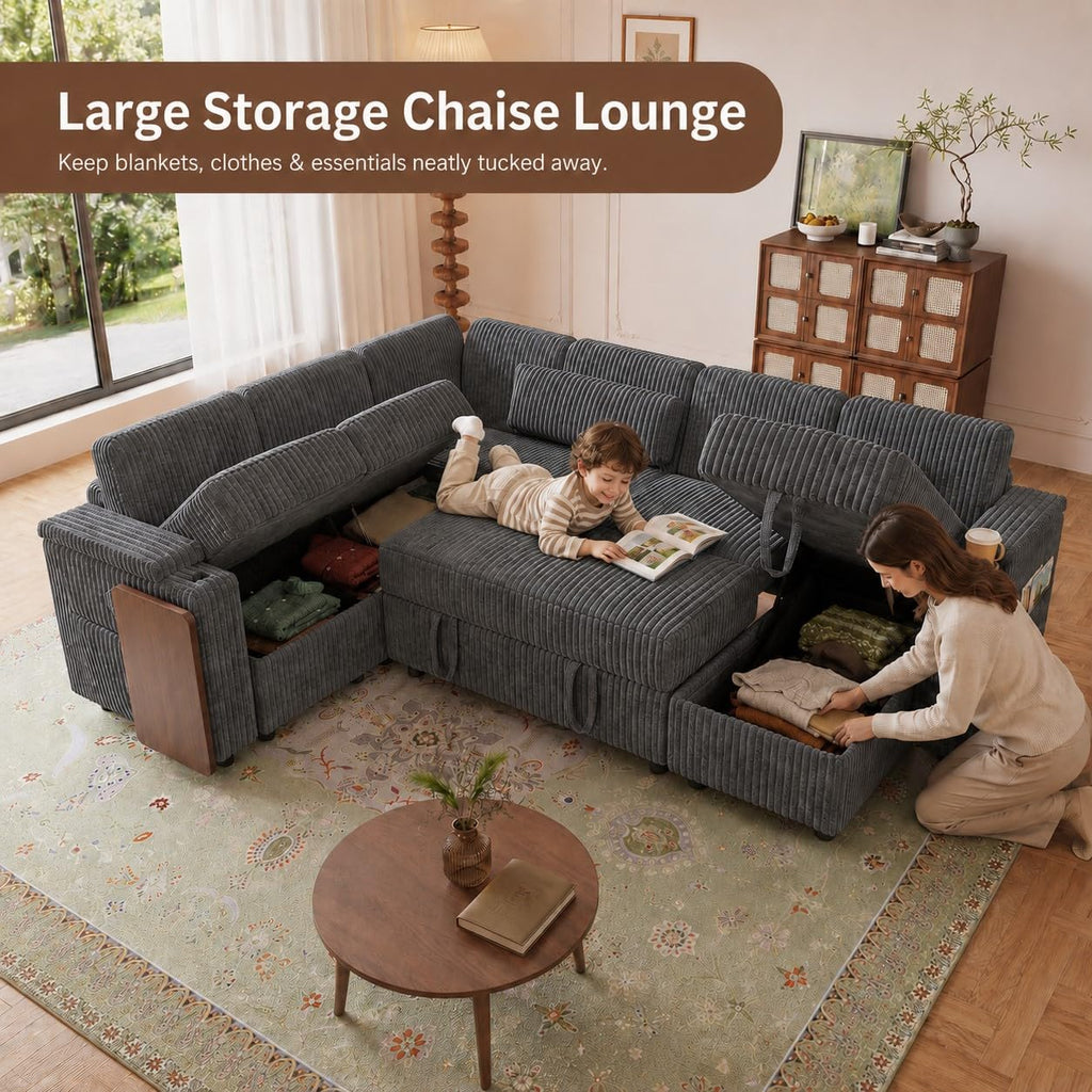 100" U Shaped Modular Sectional Couch with USB Ports, Cup Holders & Folding Table, Corduroy Fabric Sofa with Storage Seat, Comfortable Living Room Couch (Dark Gray)