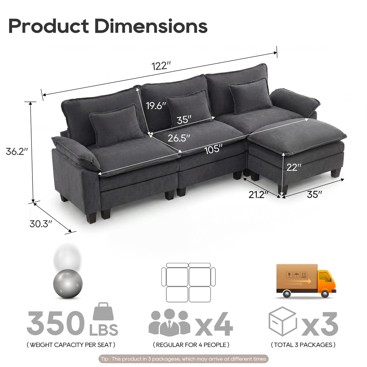URRED Oversized Modular Sectional Sofa，Dark Gray：122" L Shaped