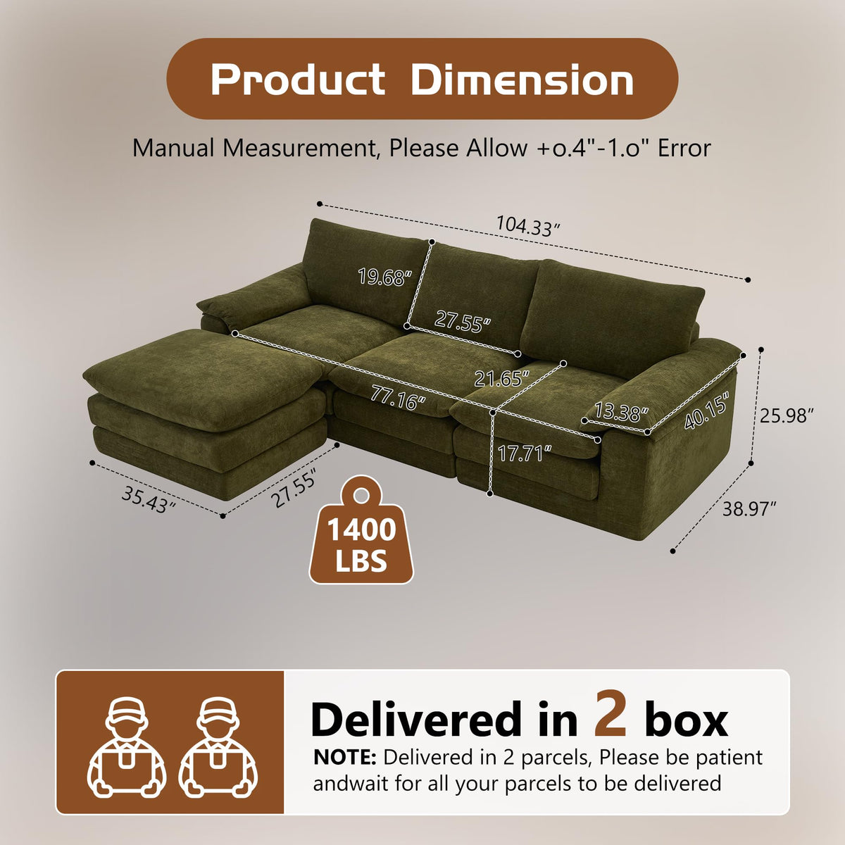 100" Modular Sectional Sofa, L Shape Cloud Couch with 1 Movable Ottoman, Comfy Chenille Deep Seat Sofa with Soft Pillows for Living Room Apartment