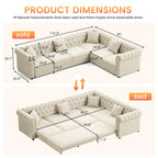 115.3" L-shaped Couch with Pull Out Sofa Bed, Velvet Couch Gold Trim, Beige