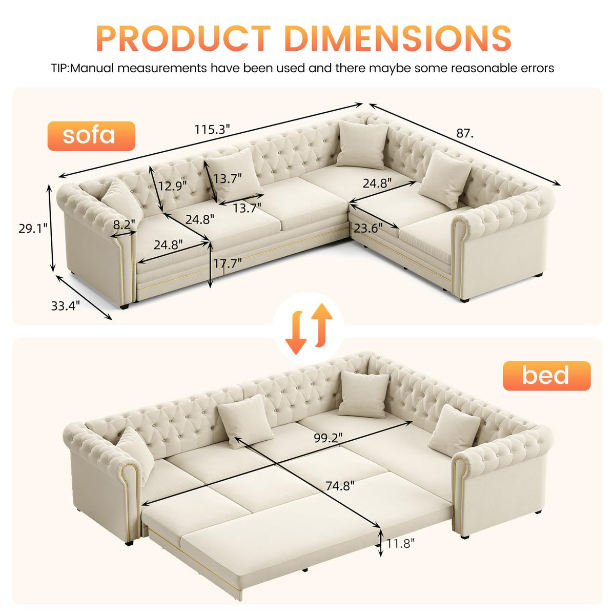 115.3" L-shaped Couch with Pull Out Sofa Bed, Velvet Couch Gold Trim, Beige