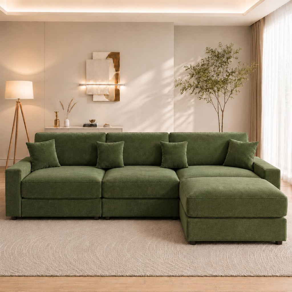 Vipbear 114" Modular Sectional L Shaped Sofa Couches,for Living Room,Oversized Cloud Couch with Movable Ottoman,Comfy Chenille Sofa with Pillow,Side Pockets,Bedroom,Apartment,Green