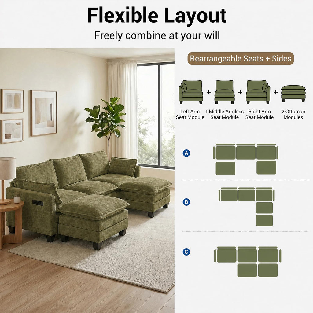 108" Modular Sectional Sofa Cloud Couch - U Shape Sofa with Charging Station Side Storage - Chenille Comfy Couches with Ottoman Movable for Living Room Bedroom Apartment Office, Green