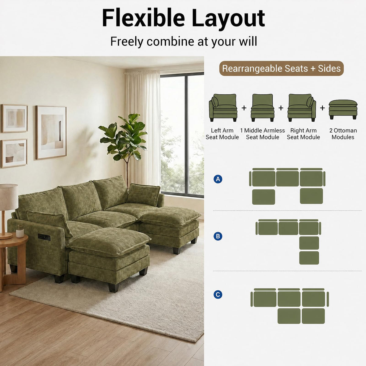 108" Modular Sectional Sofa Cloud Couch - U Shape Sofa with Charging Station Side Storage - Chenille Comfy Couches with Ottoman Movable for Living Room Bedroom Apartment Office, Green