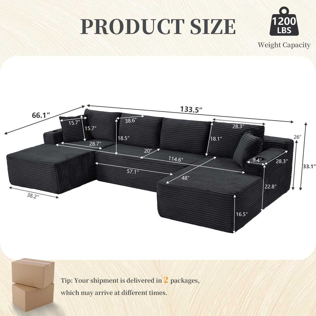 133.5" U Shaped Boneless Couch with Cupholders & Side Pockets, Grey