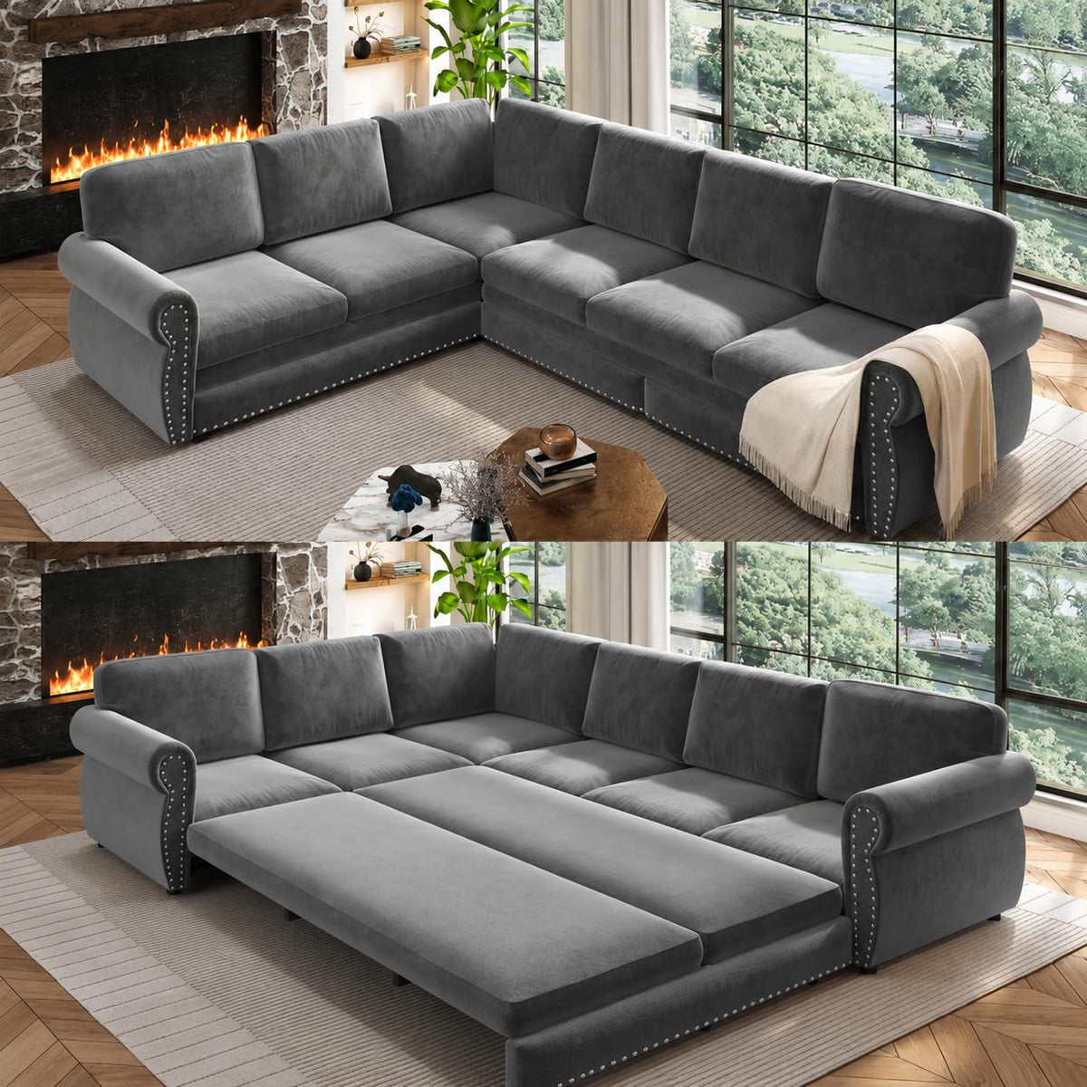 118" Sectional Sleeper Sofa with Pull Out Bed Chenille 6 Seater Couch
